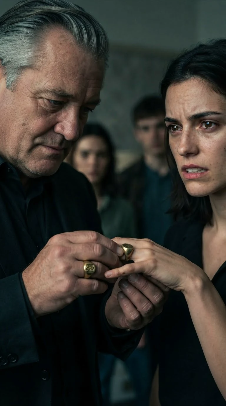 Bramwell forces an old gold ring onto Darcy's finger.