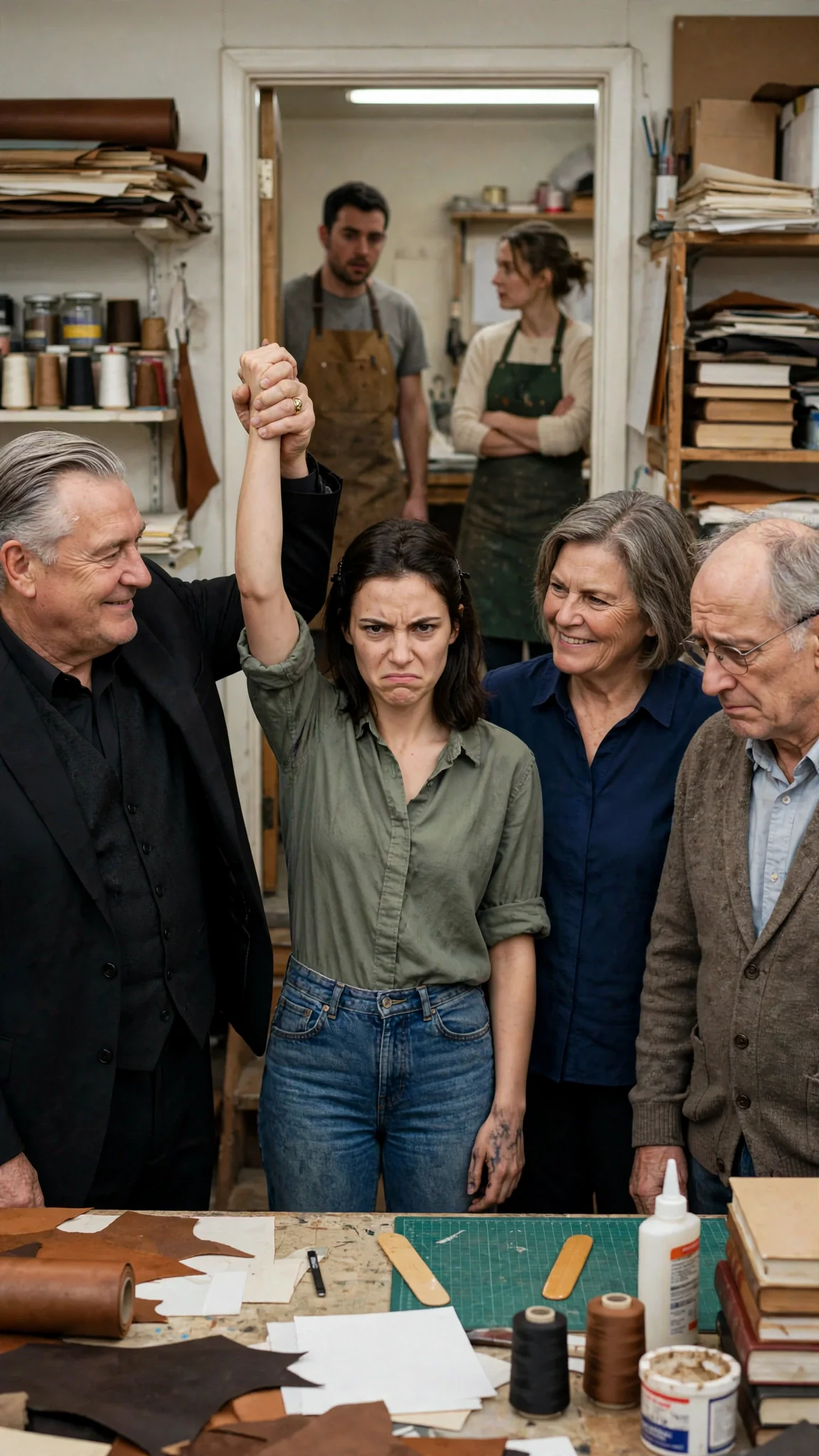 Bramwell holds up Darcy's ringed hand for her parents to see.