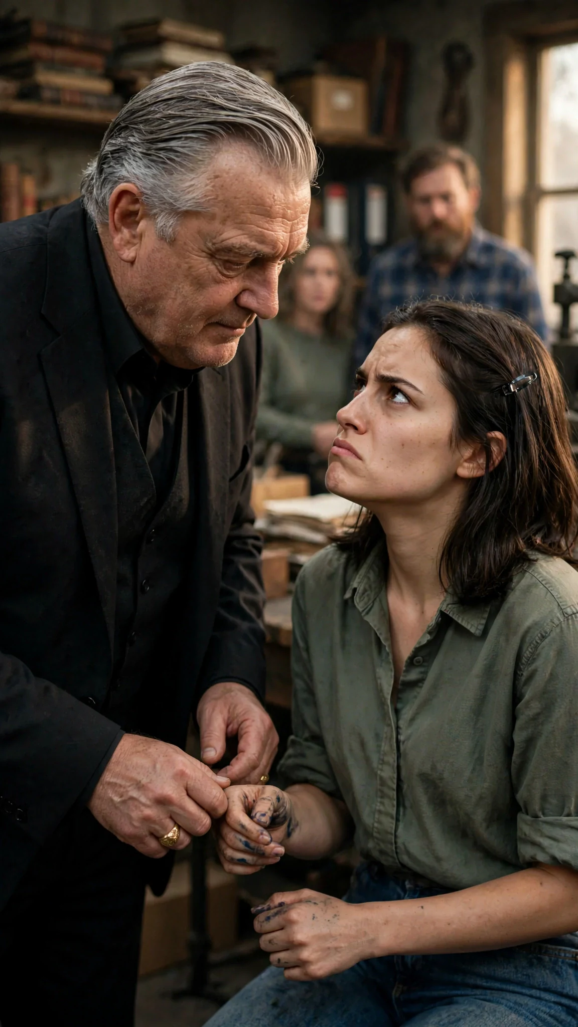 Bramwell speaks close to Darcy while she holds herself still.