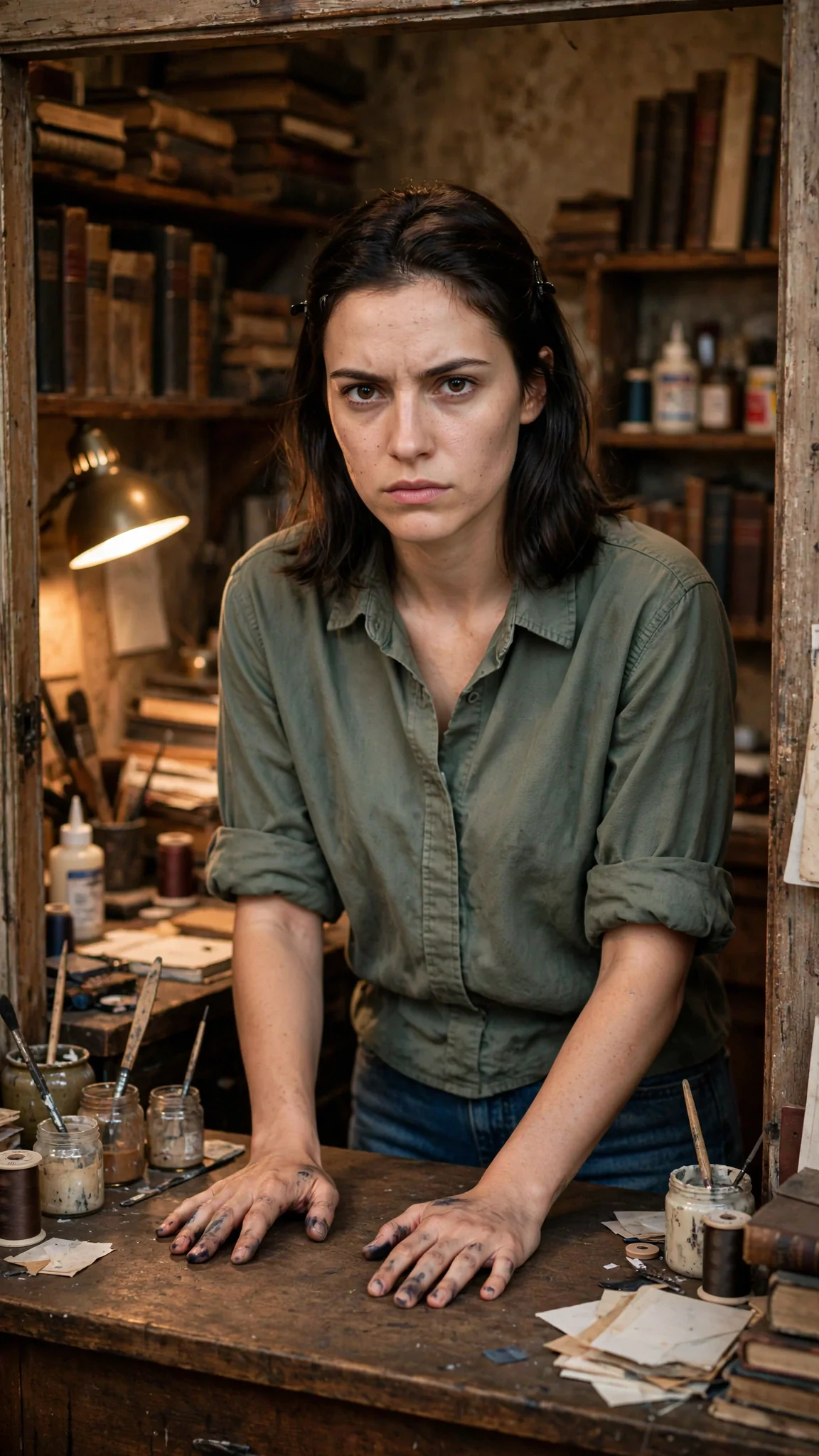 Darcy stands in the bindery office doorway, jaw tight, hands flat on the counter.
