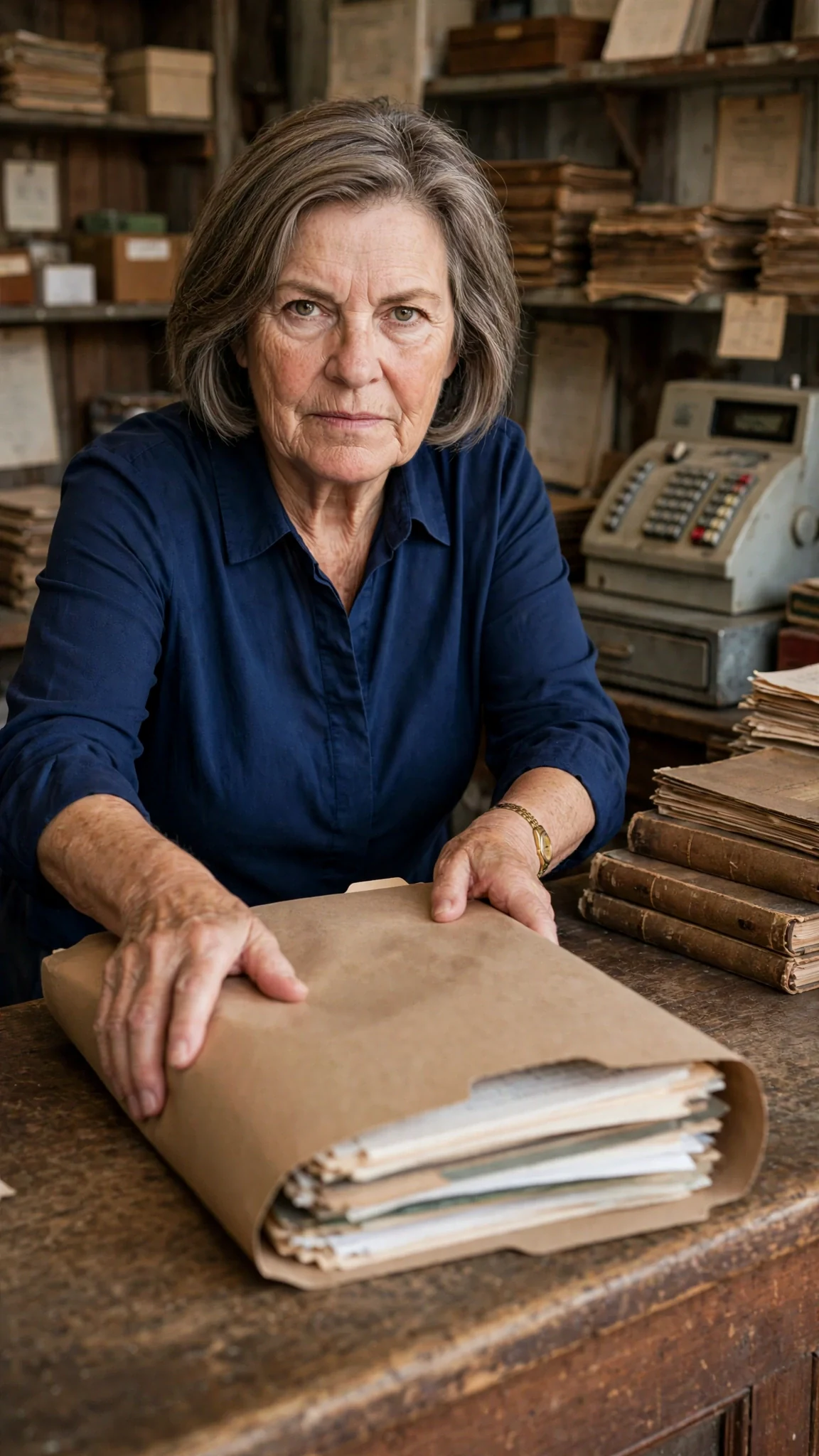 Hazel sets a worn folder on the counter like a menu.