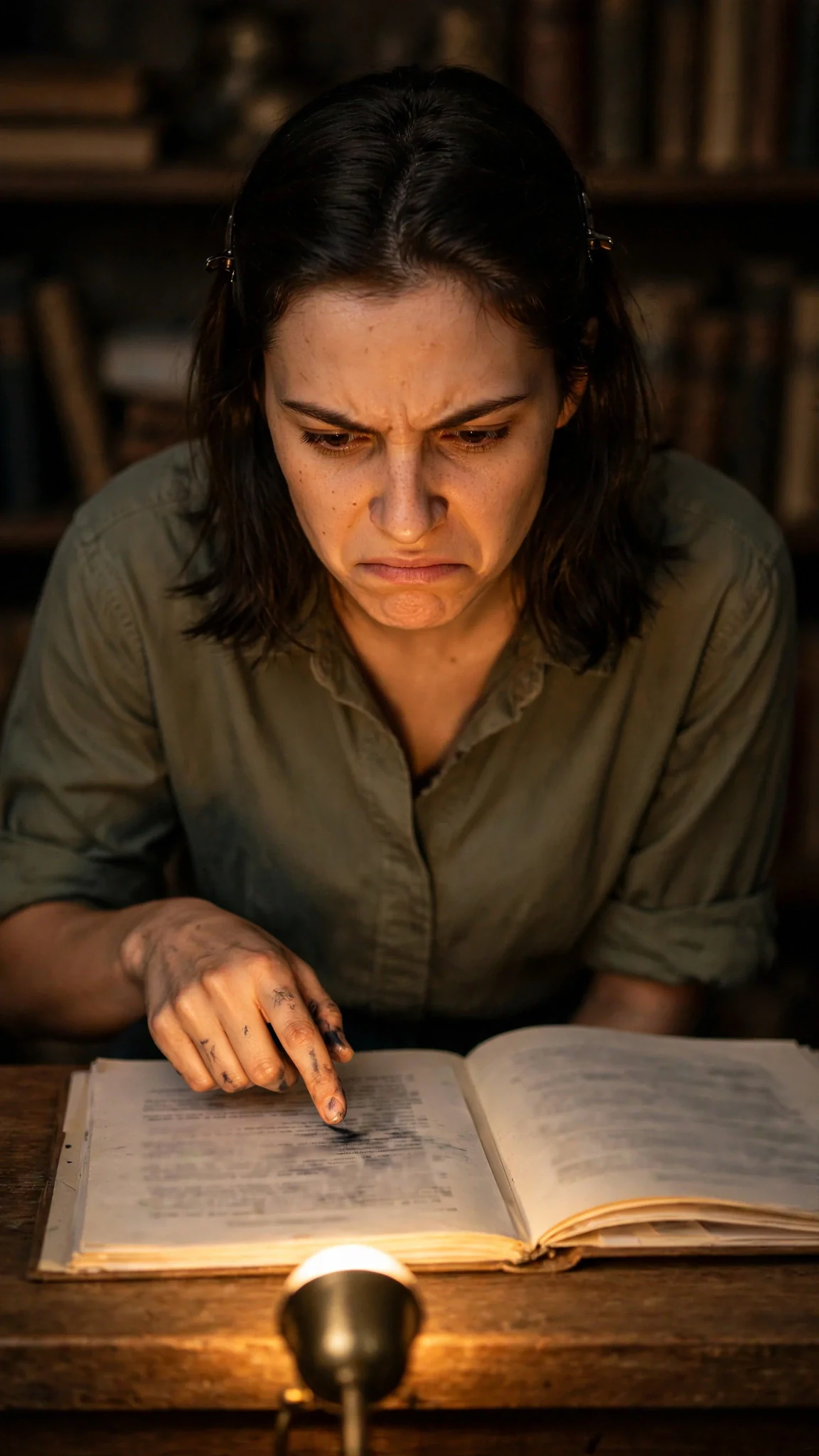 Darcy reads the loan papers under the shop lamp, brow furrowed.