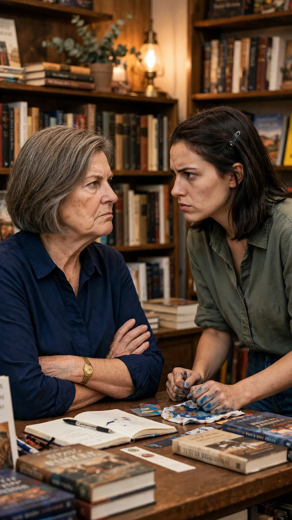 Hazel folds her arms, unbothered, while Darcy glares at her.