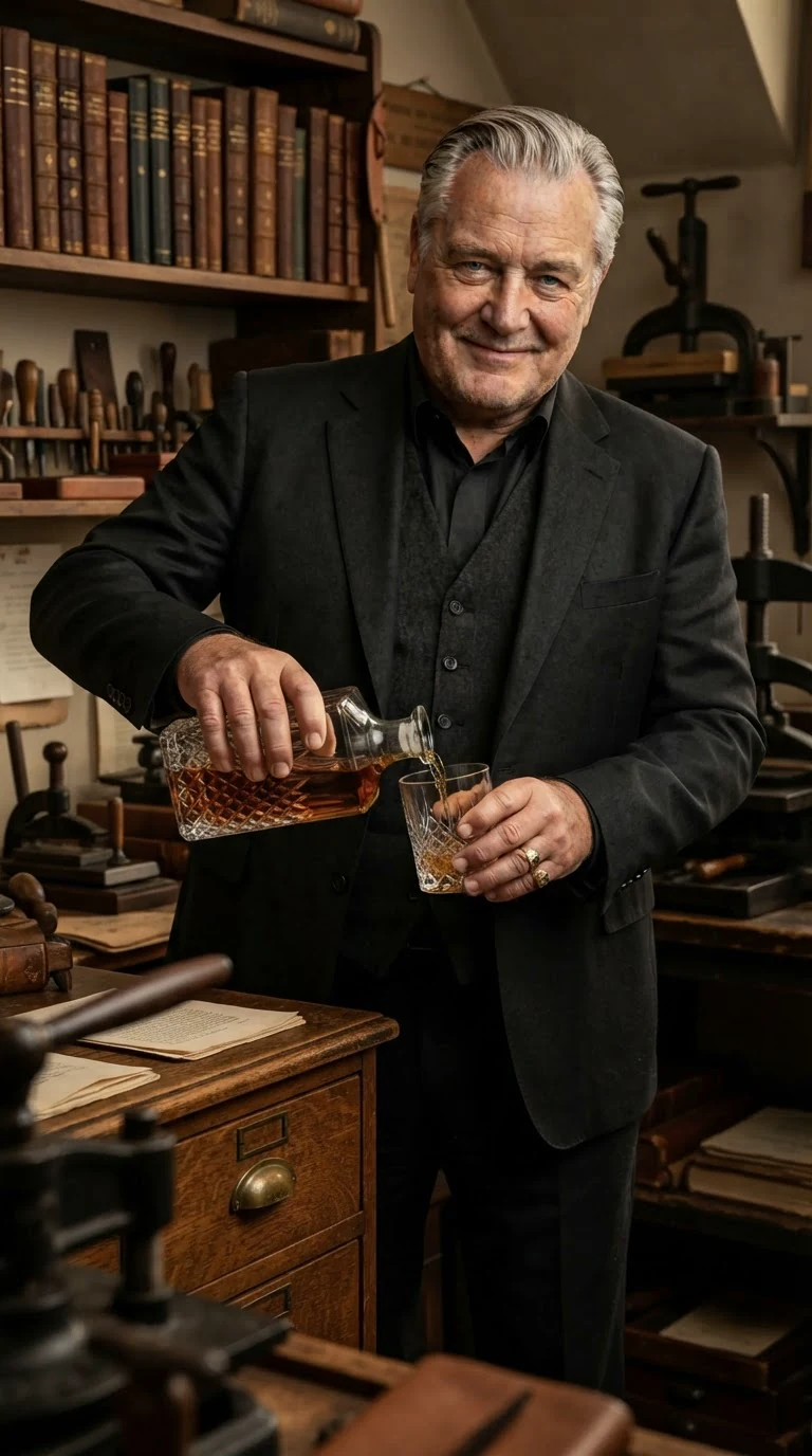 Bramwell pours himself whiskey from the shop's cabinet without asking.