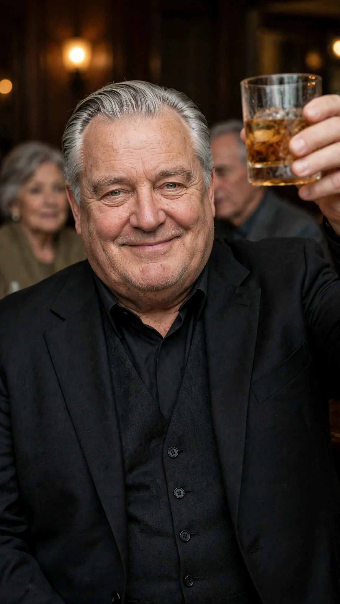 Bramwell lifts his glass toward Darcy in a toast.