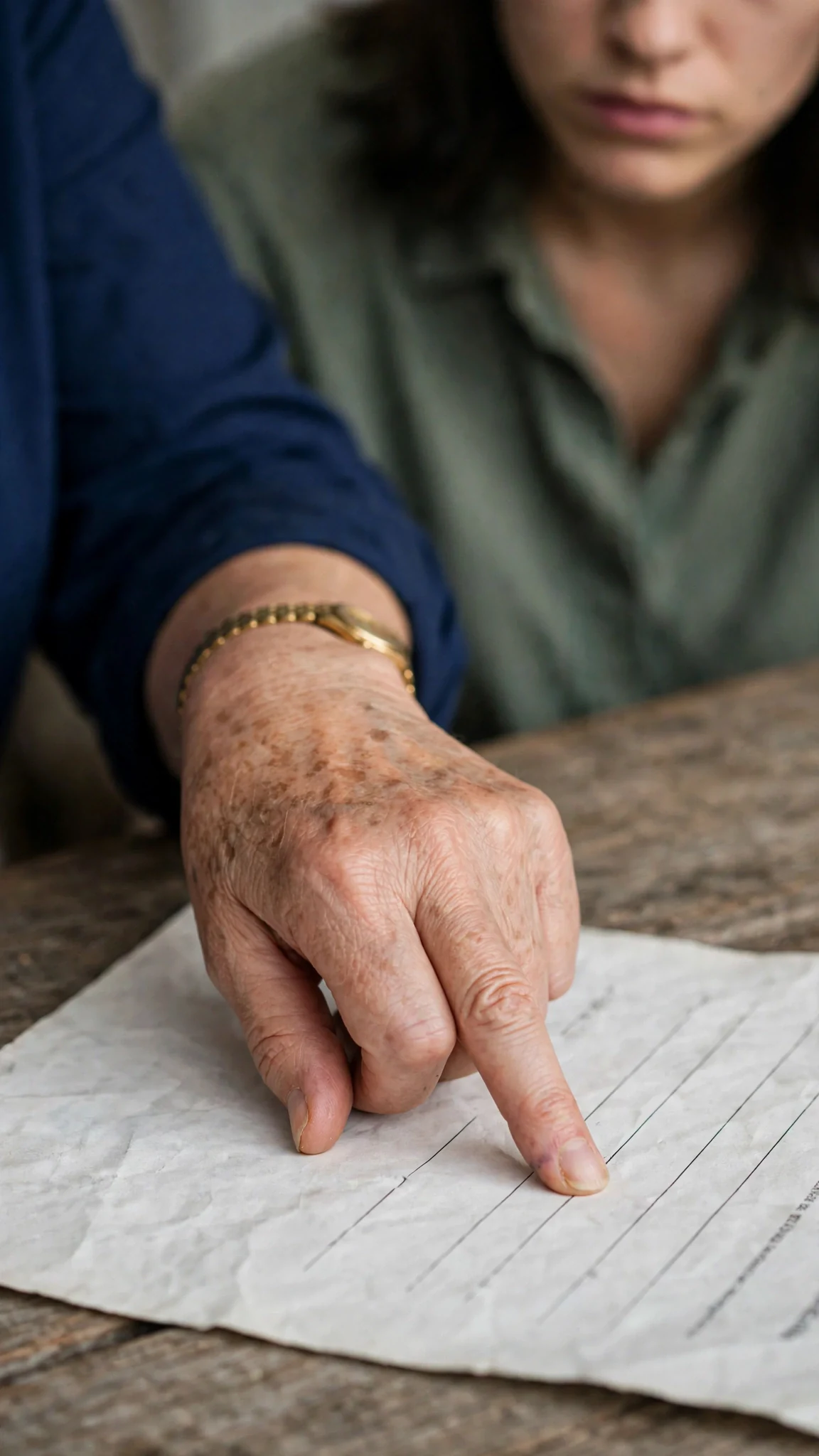 Hazel taps a blank signature line on the last page of the folder.