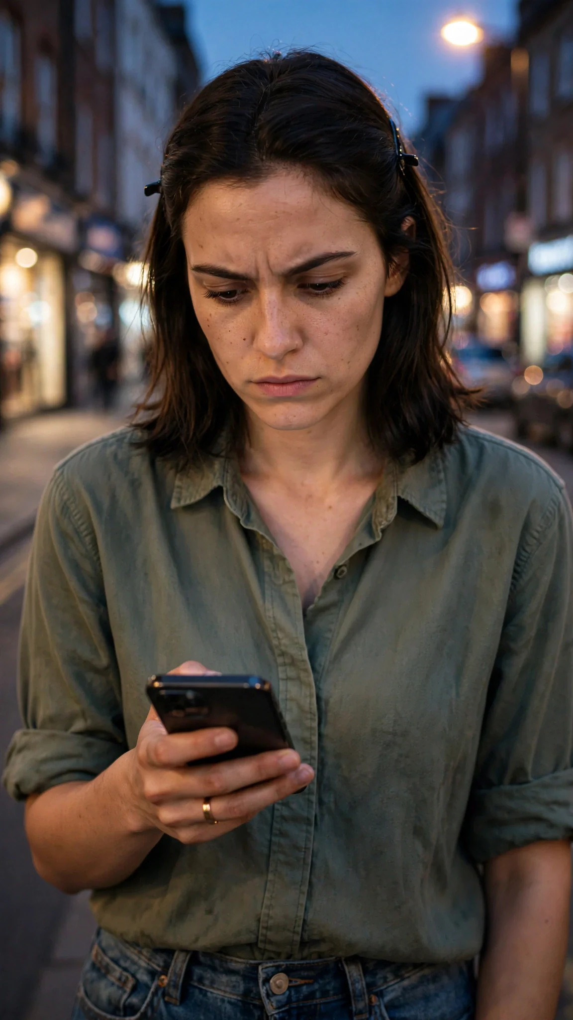 Darcy looks down at her phone full of photographed documents, jaw set.