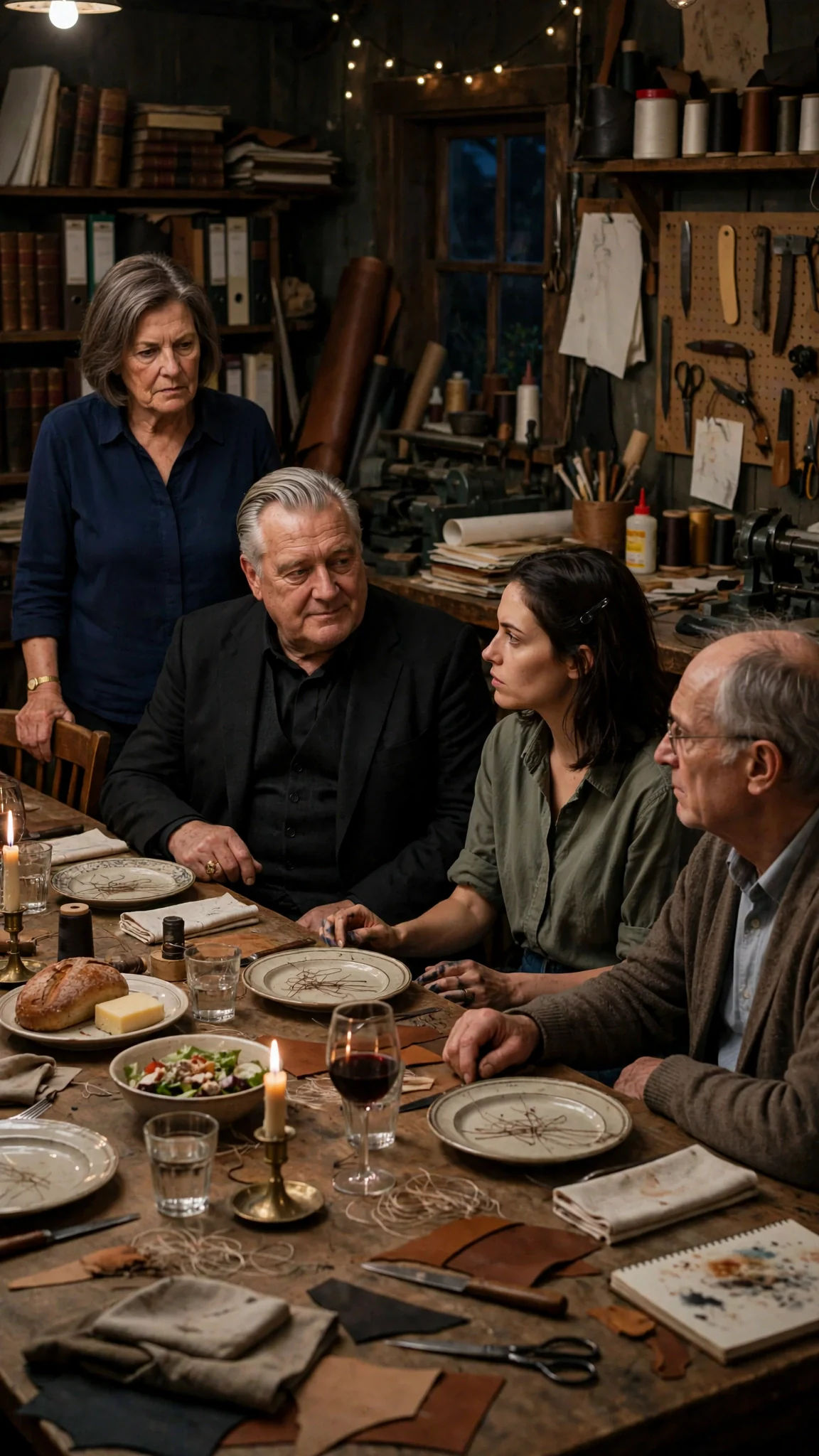 A tense engagement dinner is set on a long worktable in a bindery.