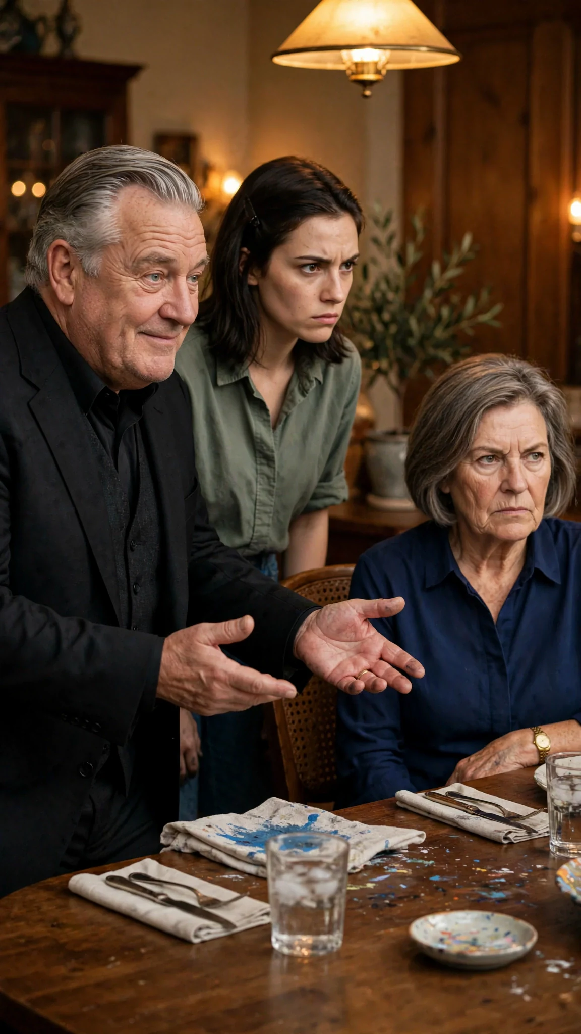 Bramwell gestures at a chair while Hazel stares Darcy down.