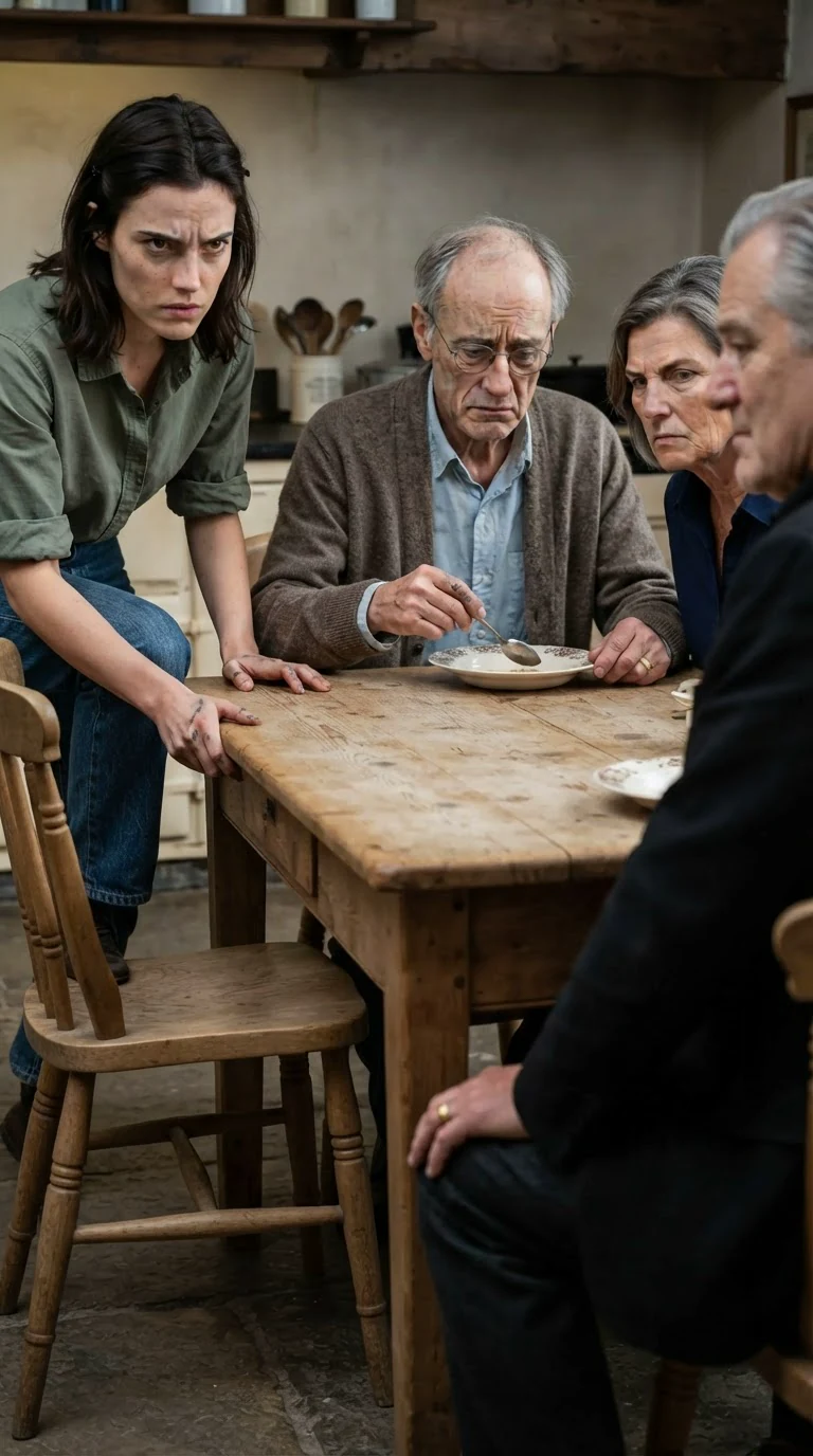 Darcy sits as Duncan's shaking hands rattle his spoon.