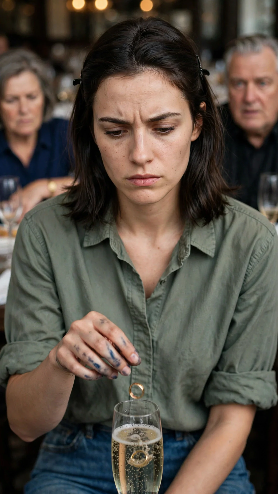Darcy drops the gold ring into her champagne glass.