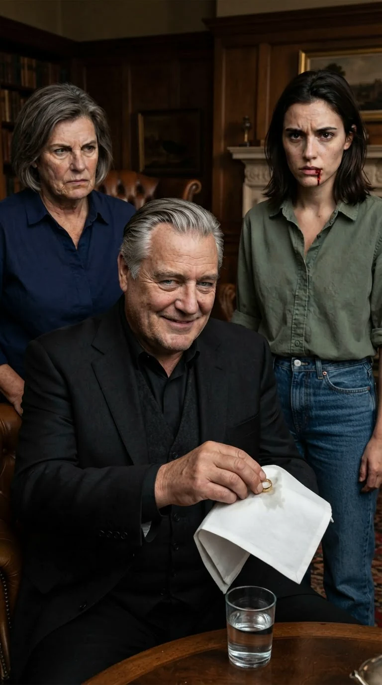 Bramwell holds the wet ring on a napkin and threatens Darcy.