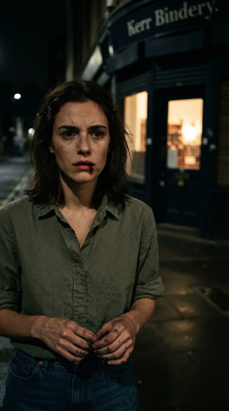 Darcy stands alone outside the locked bindery with a bleeding lip.