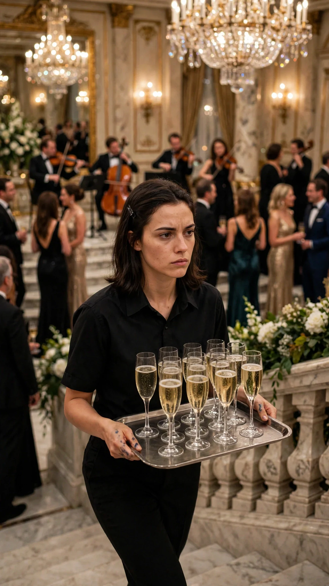 Darcy in a black catering shirt carries a tray of champagne up a marble staircase in a crowded gala.