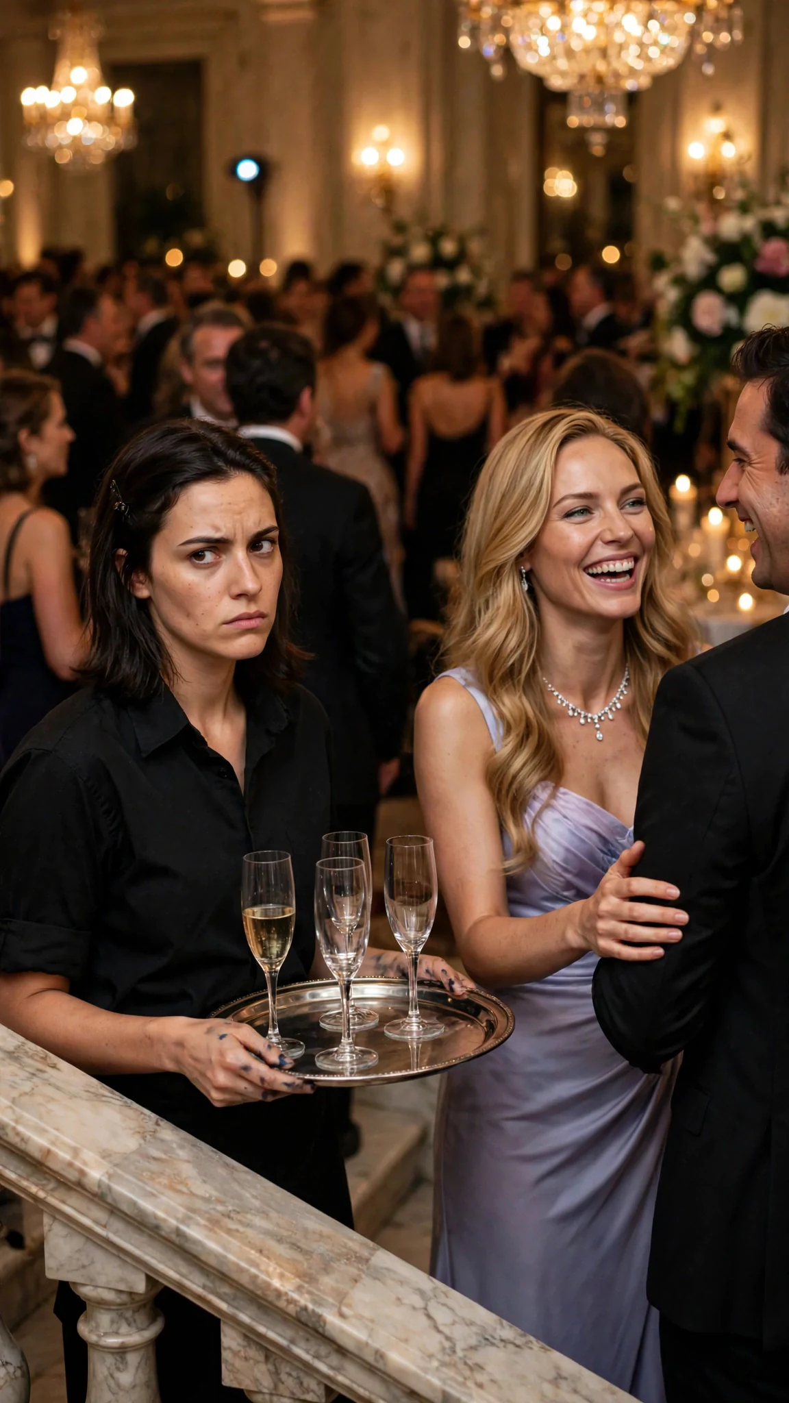 Darcy pauses on the stairs with a tray, watching a polished blonde woman laugh among guests.