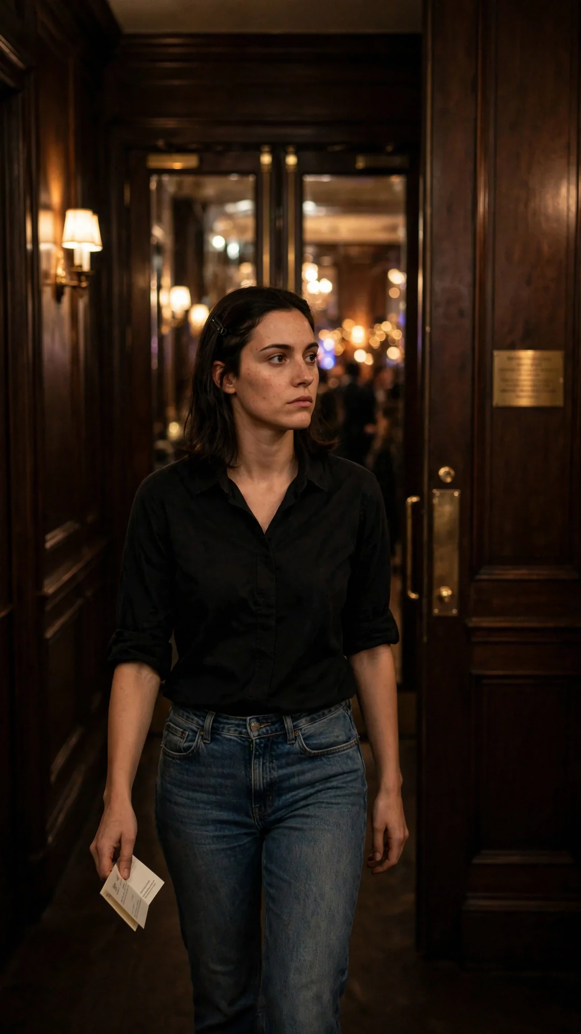 Darcy walks down a dim corridor toward a glass door marked by a small brass plaque.