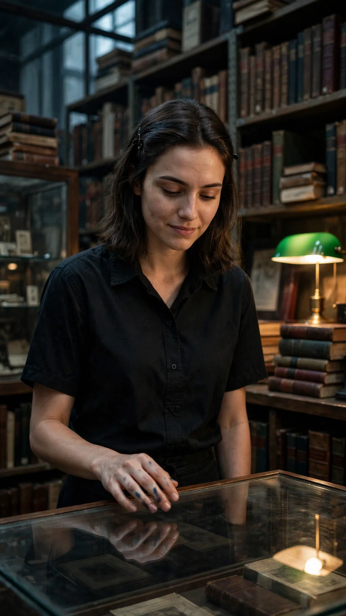Darcy stands alone in a cold rare-book archive, one hand hovering over a glass case.