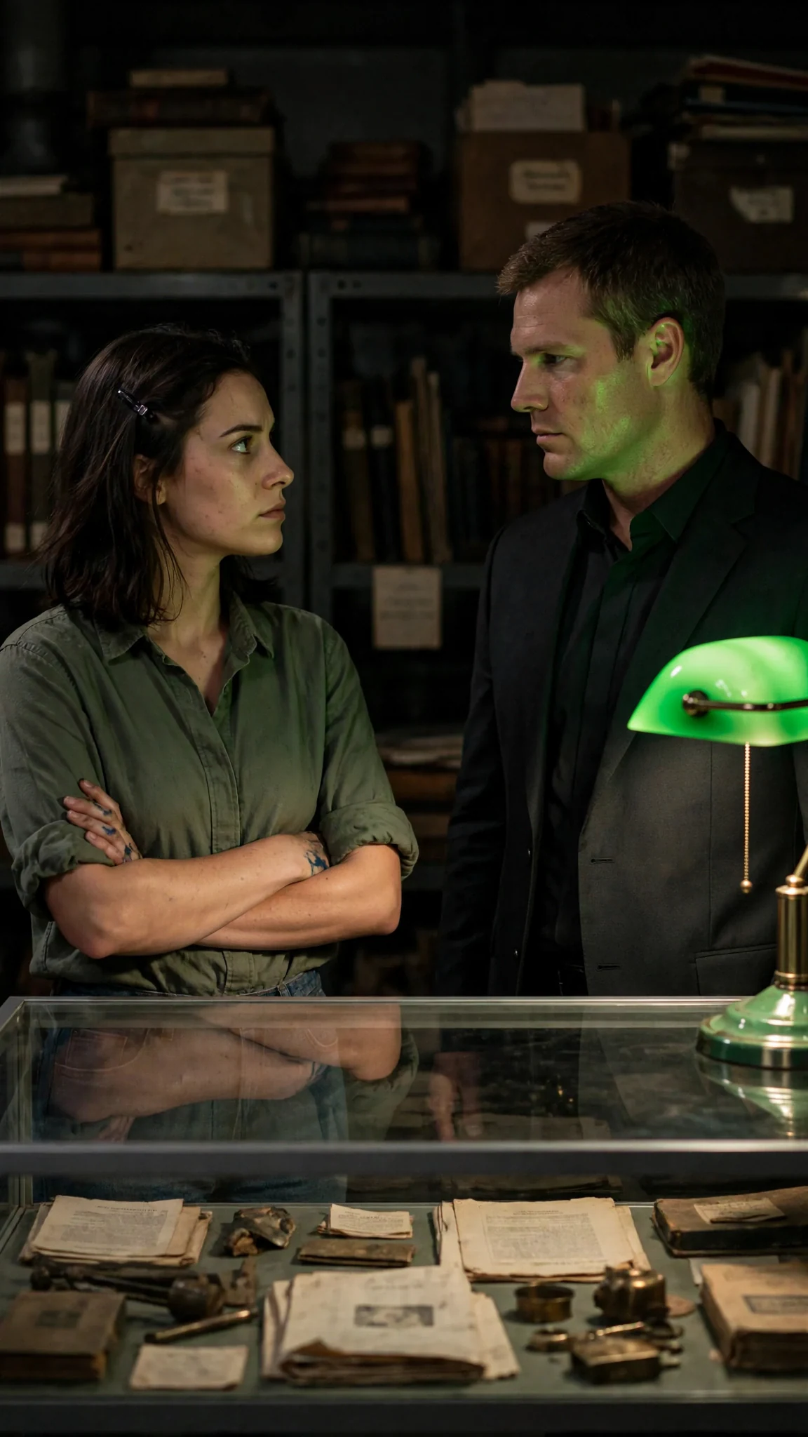 Close shot of Darcy facing Lachlan across a glass book case, both tense.