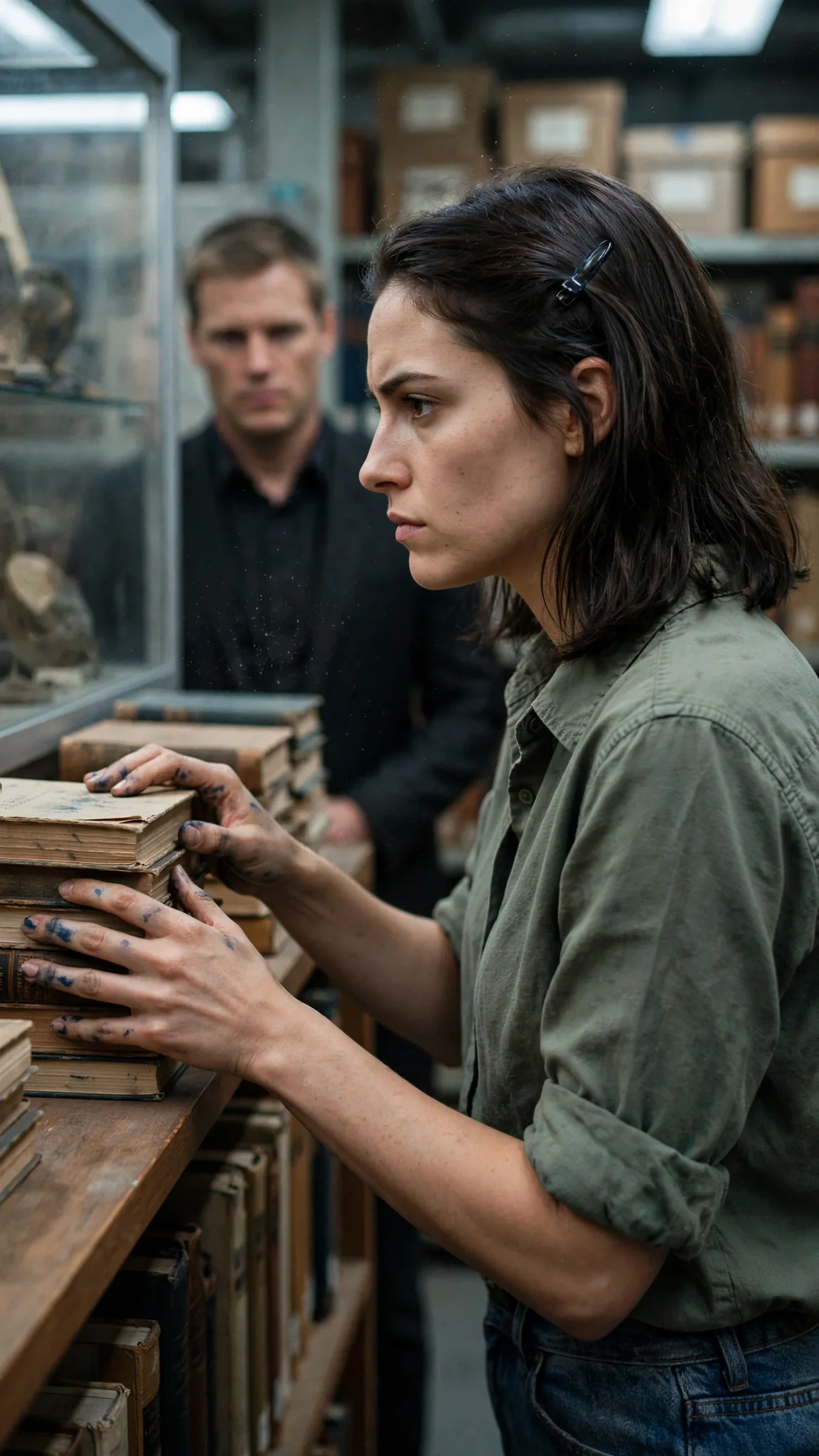 Darcy turns her back to him, straightening a stack of books with sharp movements.