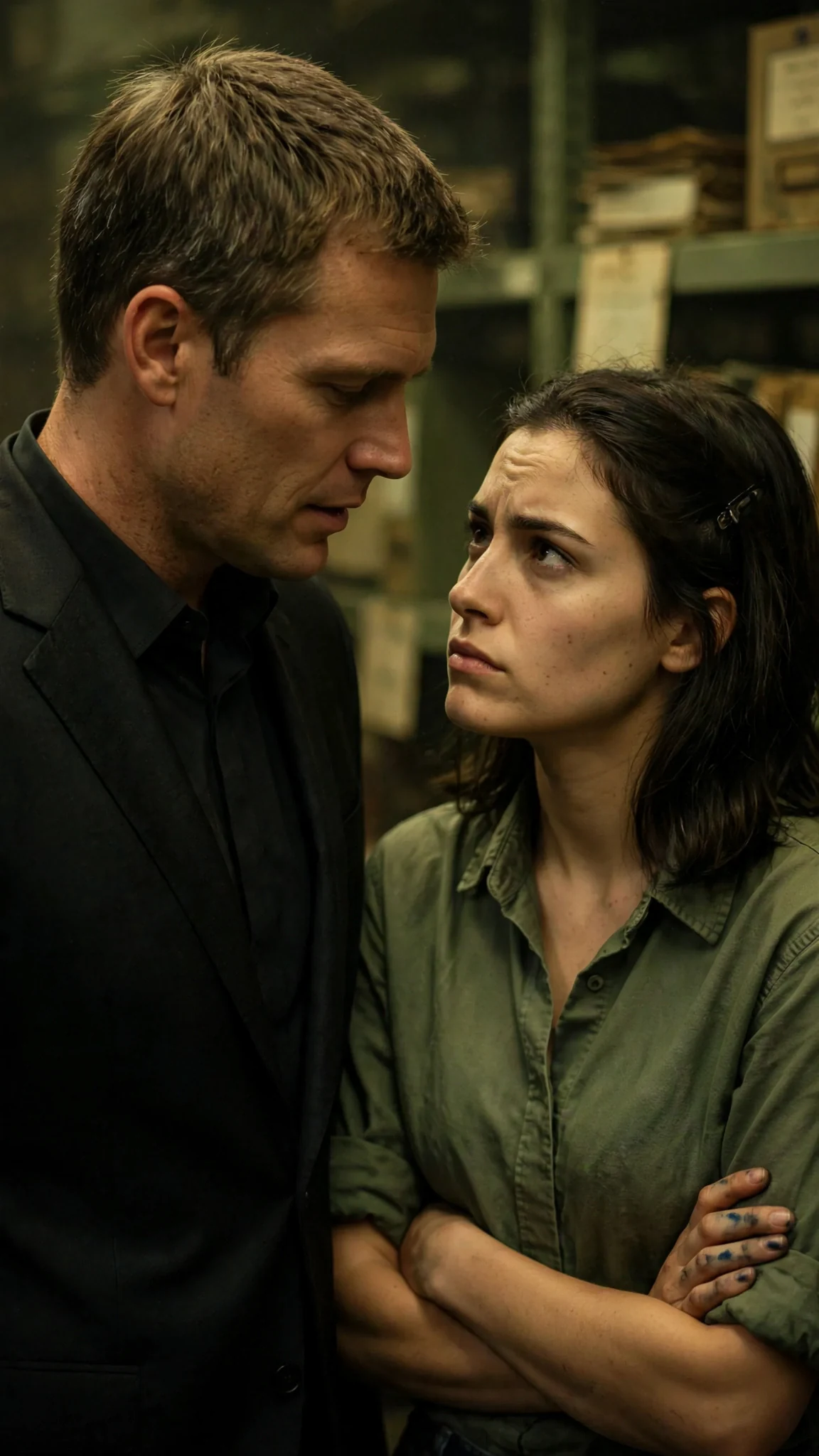 Lachlan steps closer, saying something serious, Darcy's face caught between anger and hope.