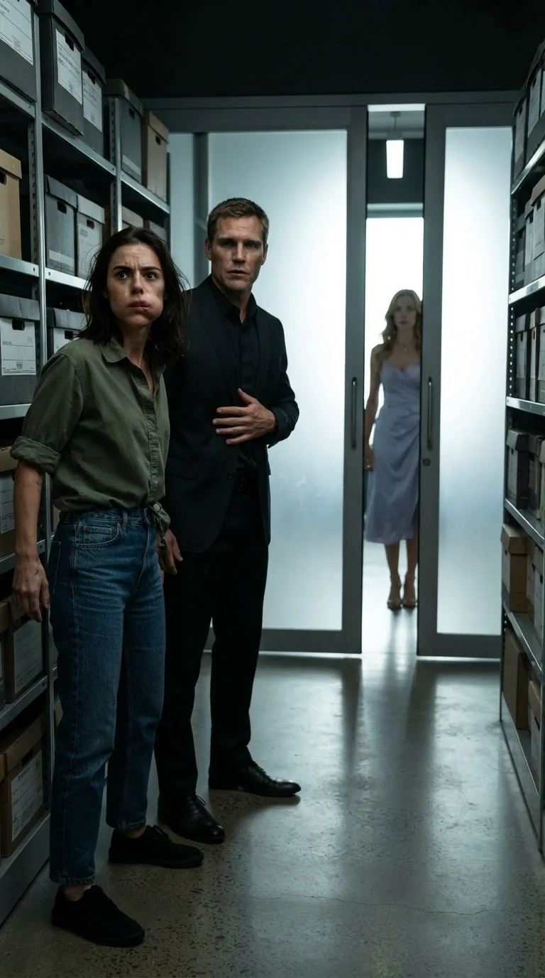 Both of them freeze as a woman's voice sounds from the corridor outside the glass doors.