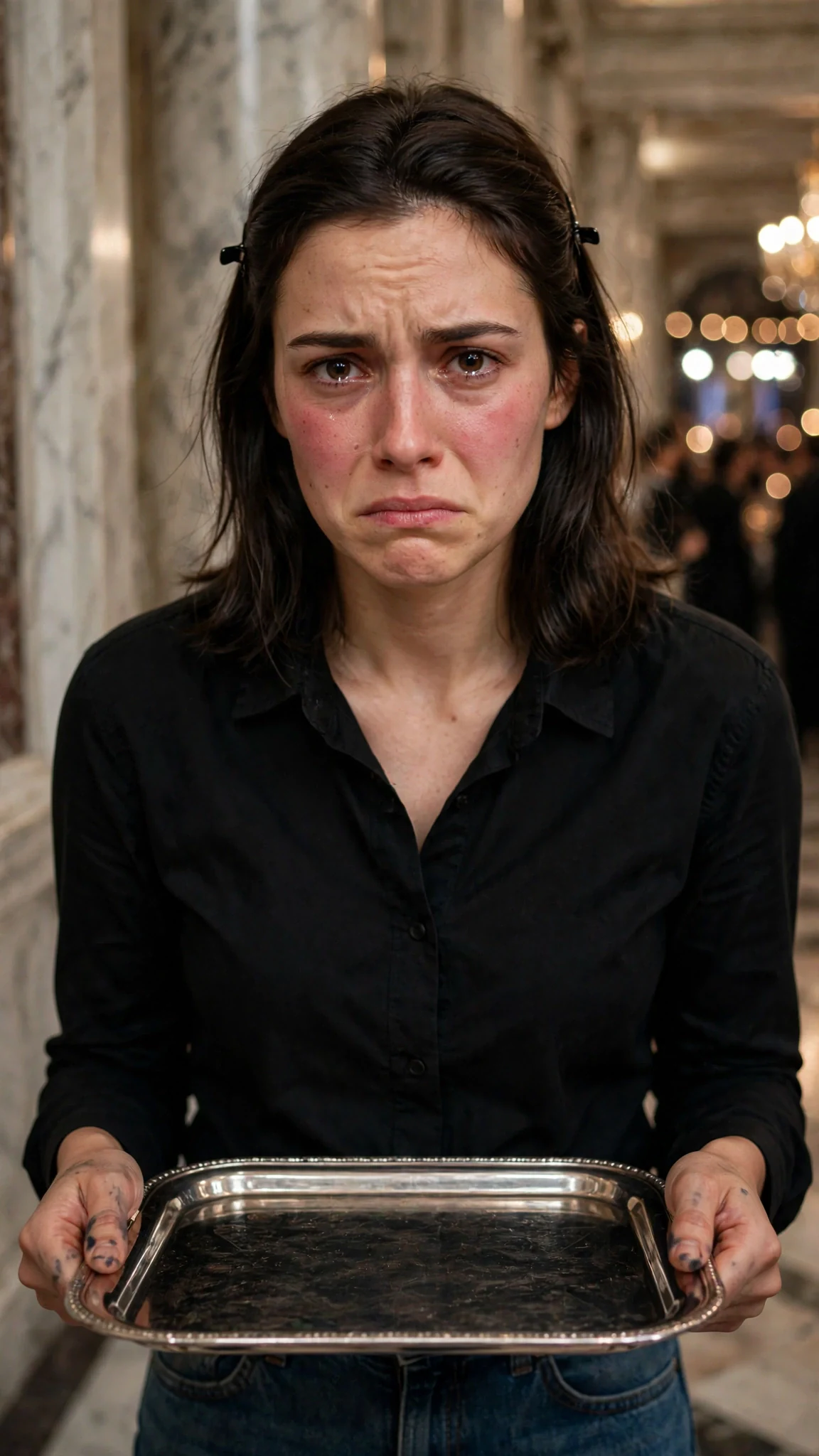 Darcy alone in the corridor, gripping her tray, face hot.