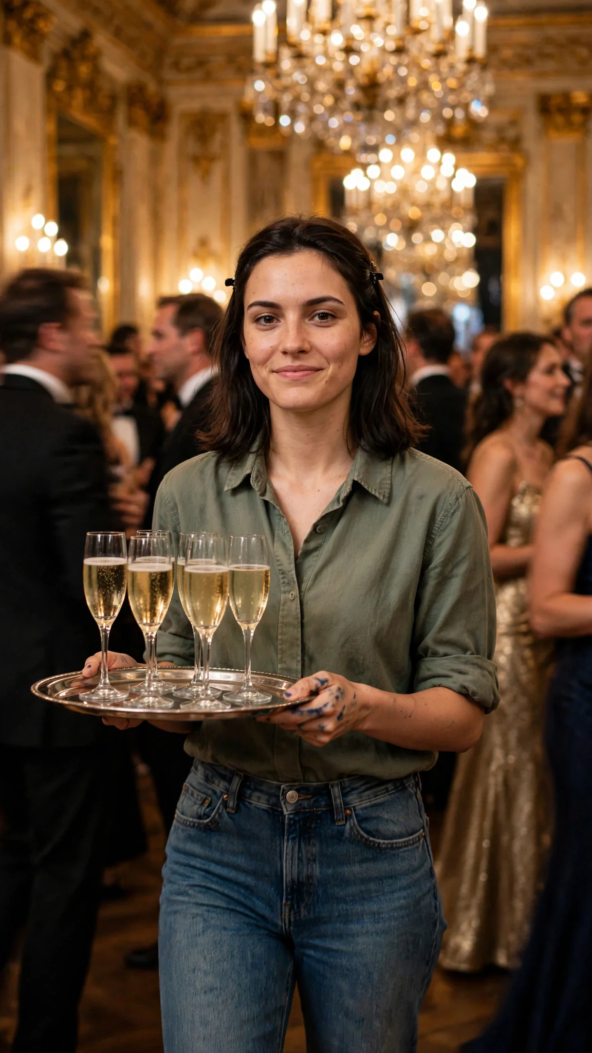 Darcy walks back into the bright gala ballroom, chin up, tray steady.