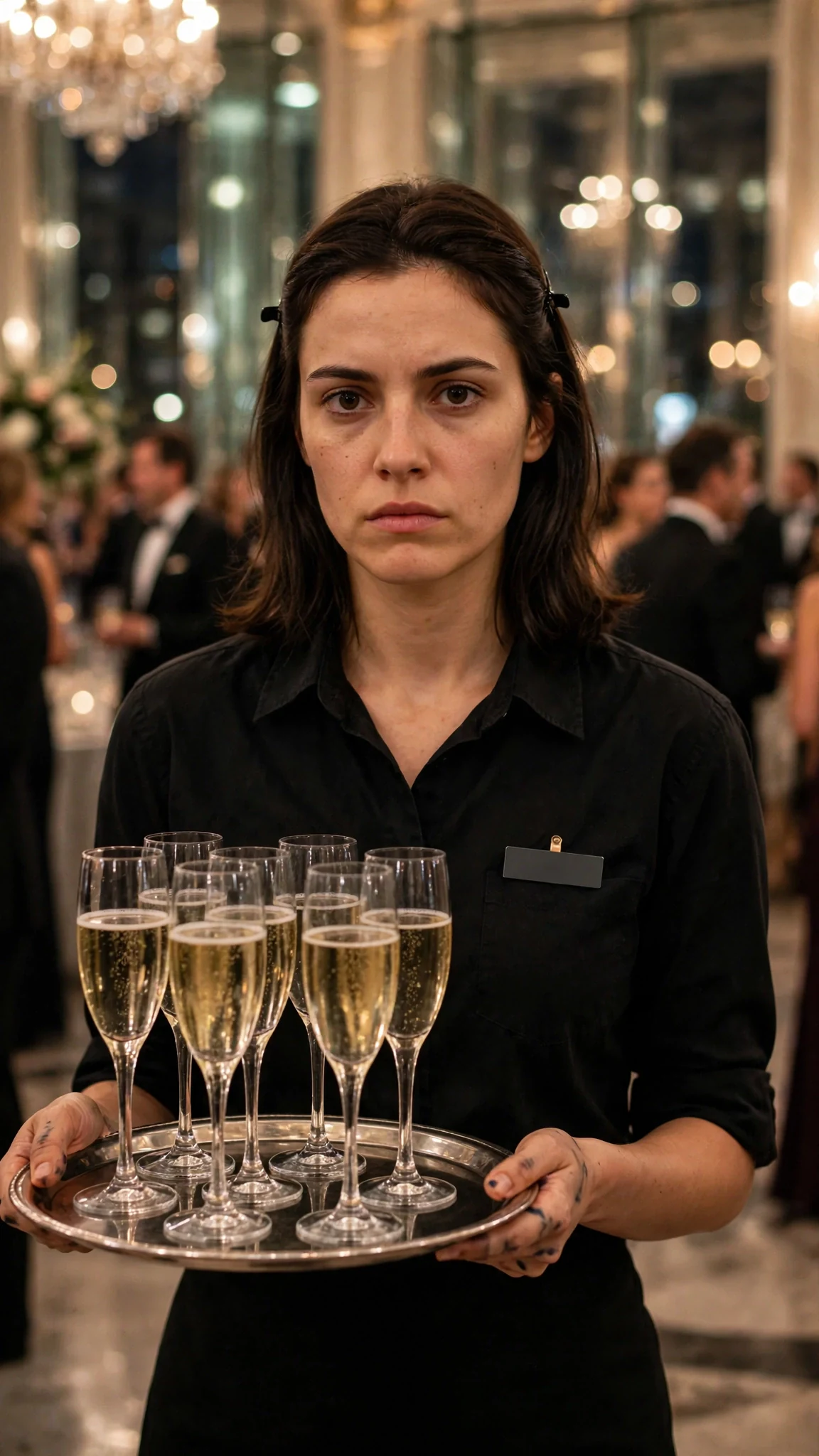 Darcy carries a drinks tray through a crowded glass-walled gala.