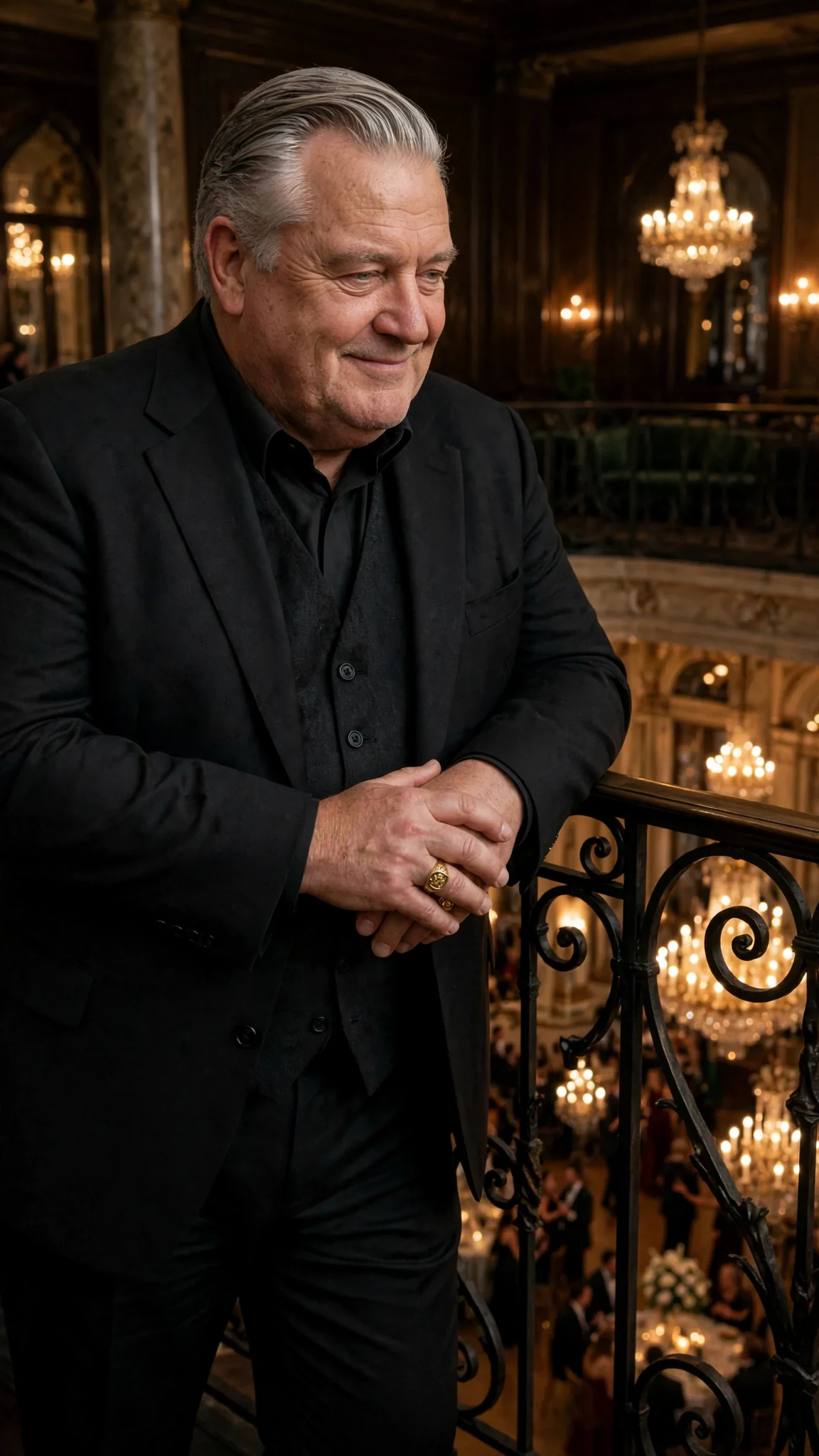 Bramwell waits by an iron railing, smiling.