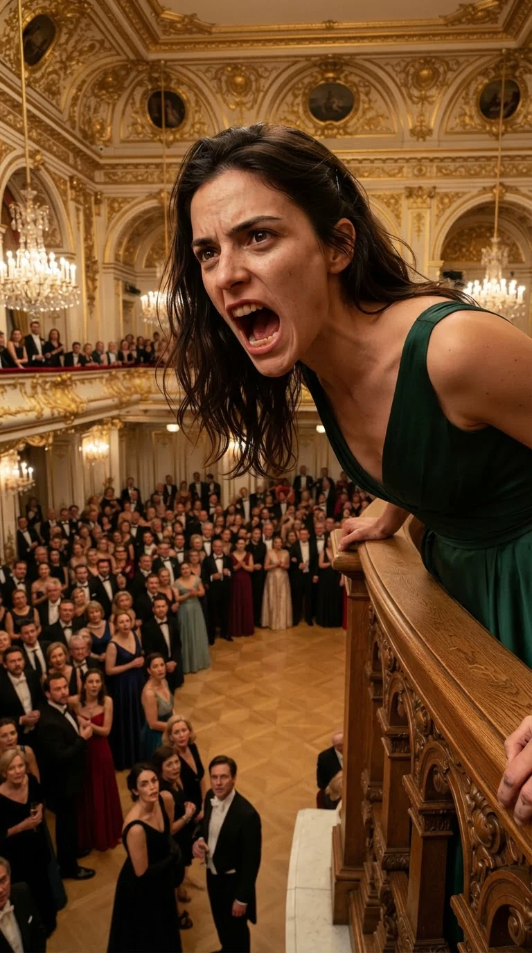 Darcy shouts down into the ballroom from the landing.