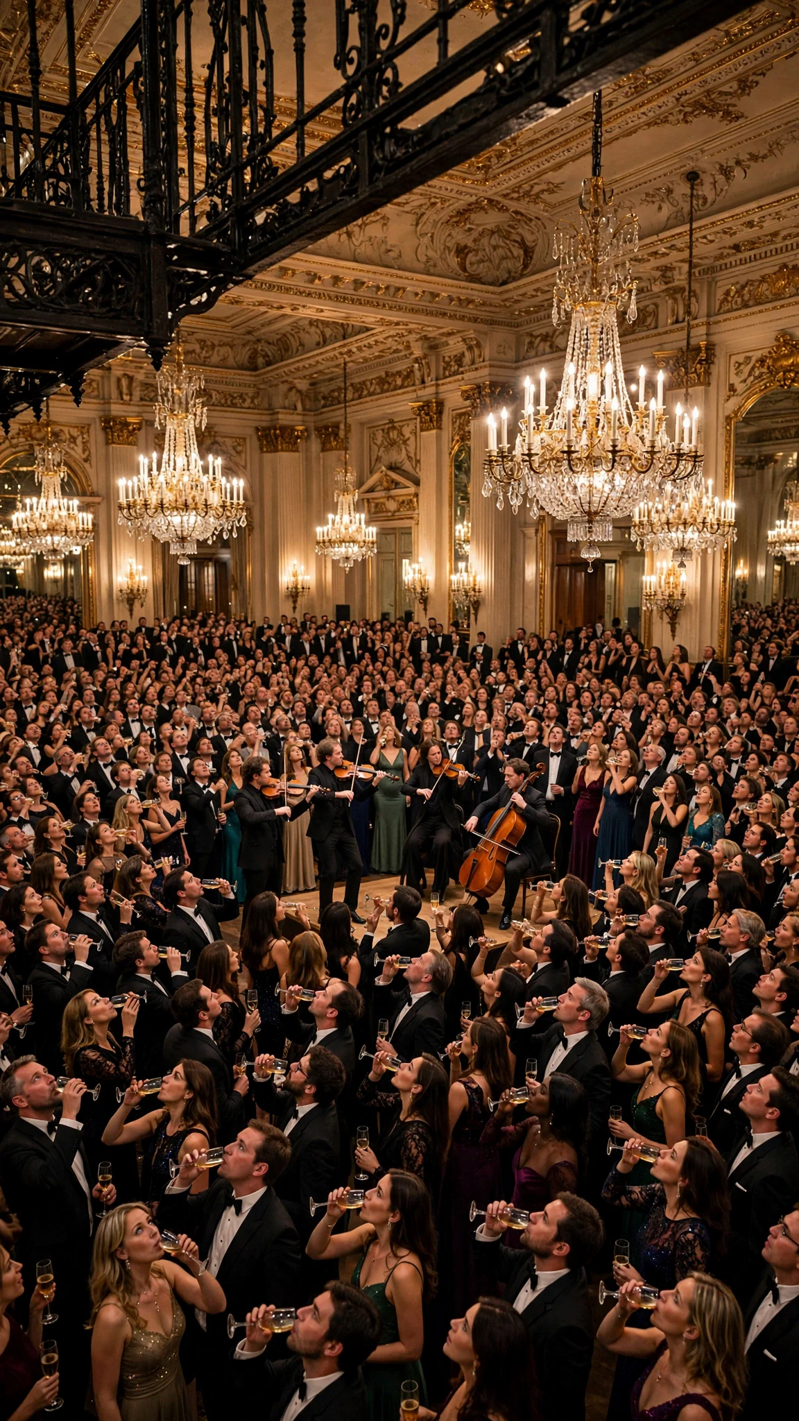 Four hundred guests stare up at the mezzanine.