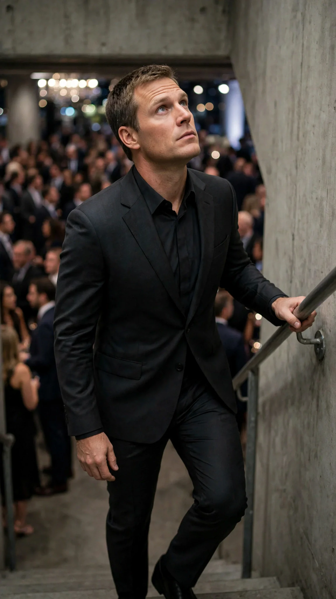 Lachlan climbs the stairs toward Darcy.