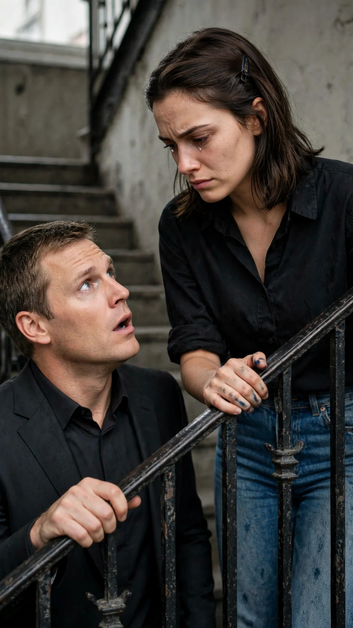 Darcy and Lachlan face to face on the stairs.