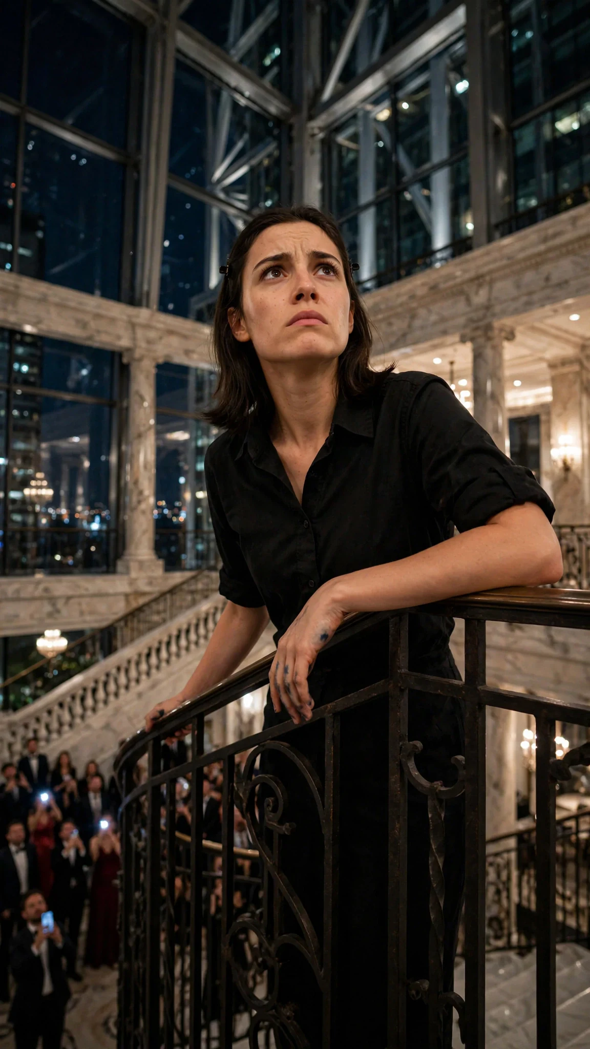 Darcy stands at a marble staircase rail while a crowd of guests below lifts phones toward her.