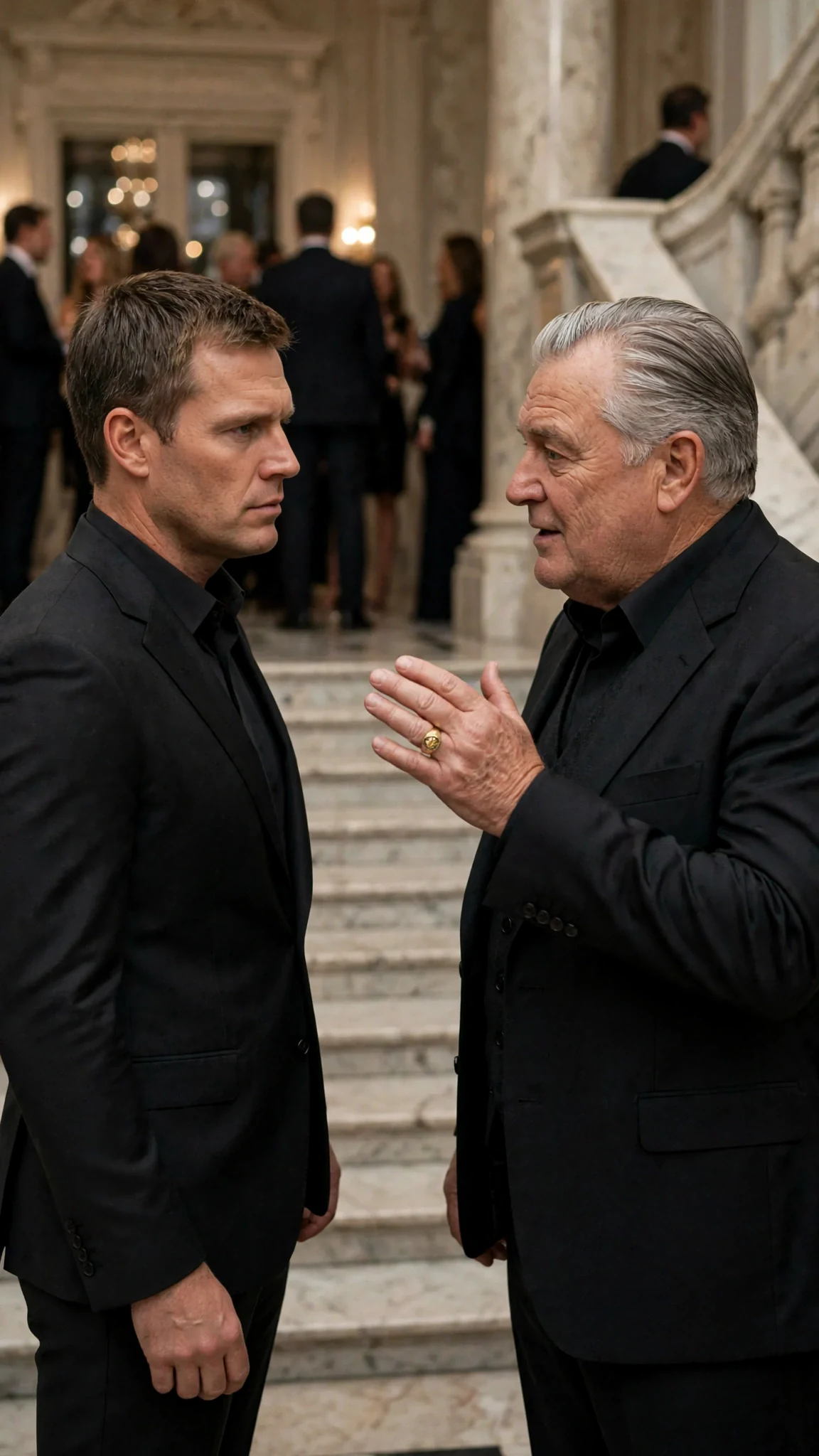 Lachlan climbs the stairs in a dark suit, jaw set, while Bramwell turns.