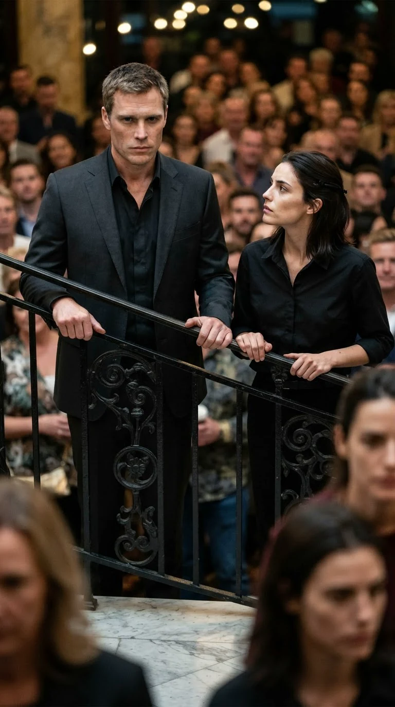 Lachlan stands level with Darcy on the stairs and speaks over her head to the crowd.