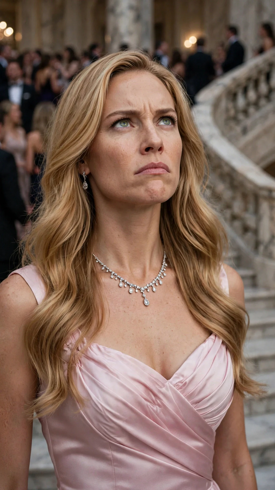 Seraphine stands at the foot of the stairs in pale pink, her smile gone.