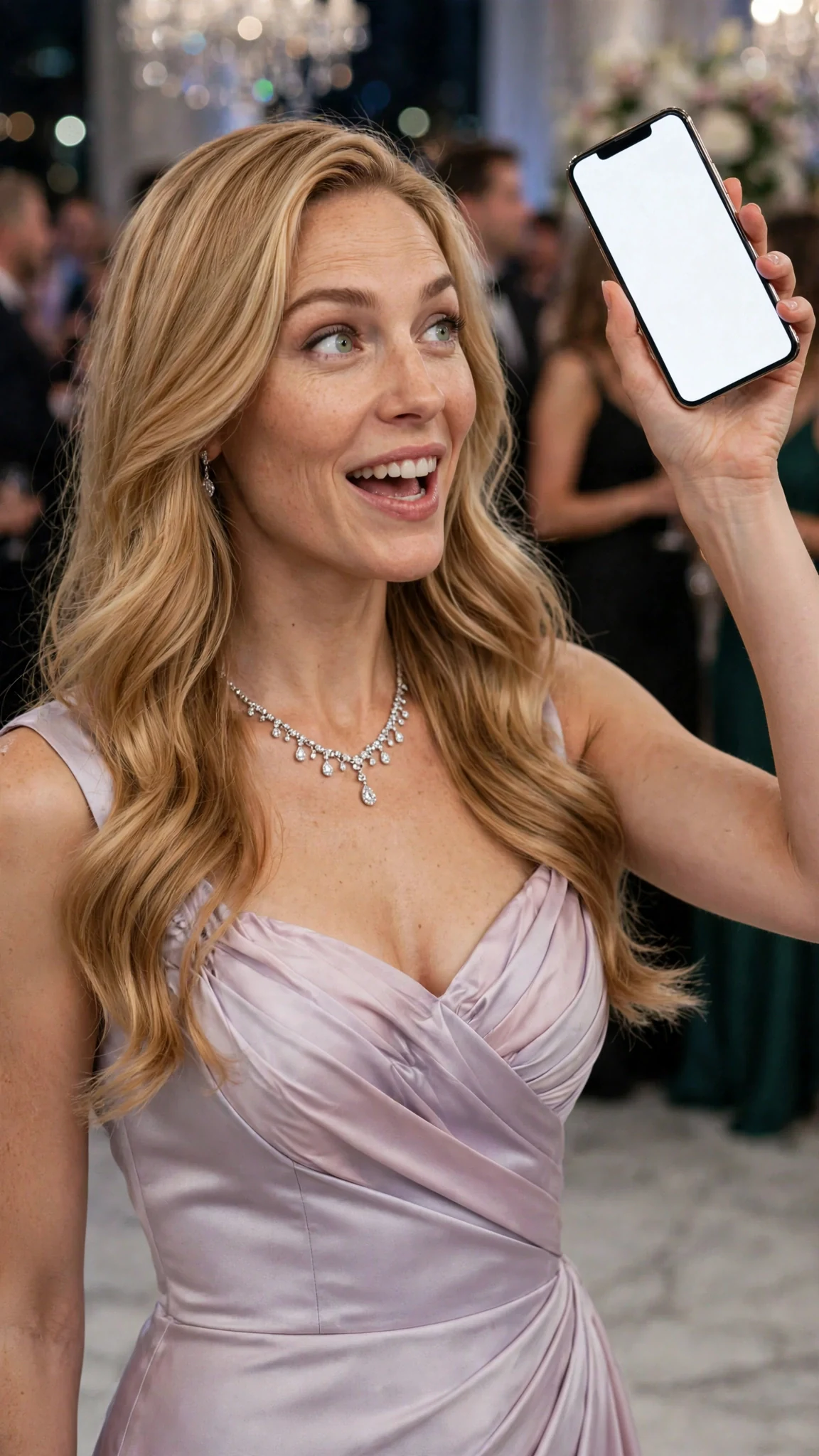 Seraphine raises her phone high, screen glowing, and calls up the stairs.