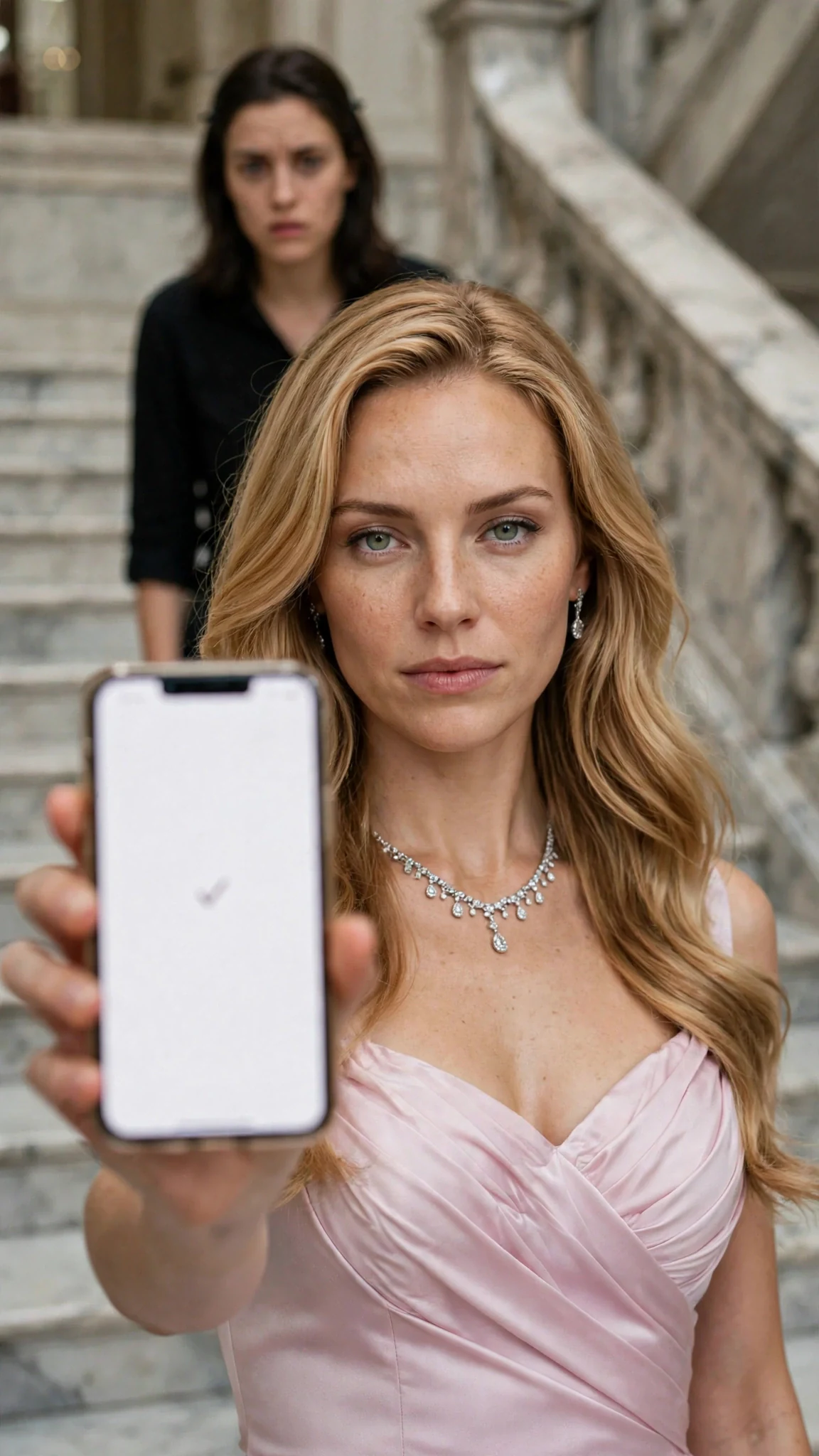 Seraphine angles her phone screen toward the crowd while Darcy's face goes pale above her.