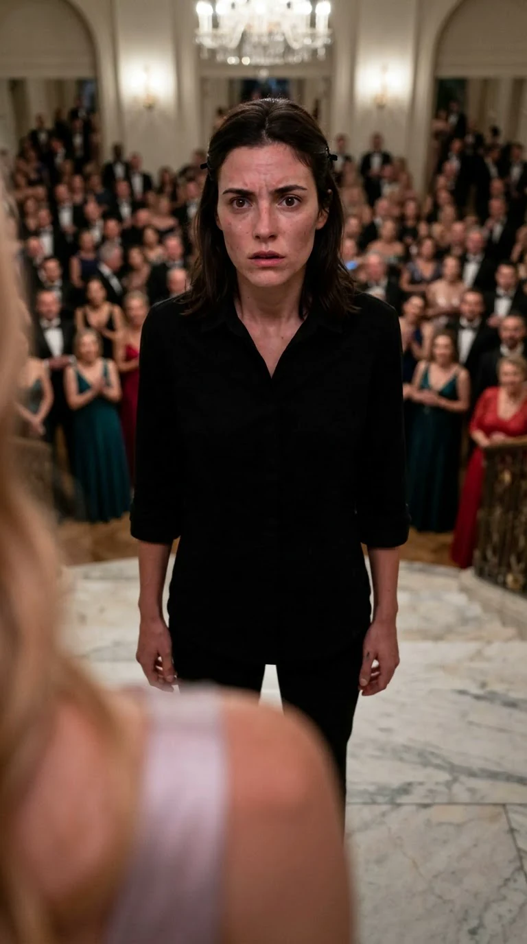 Darcy frozen on the stairs as the crowd stares and Seraphine keeps talking.