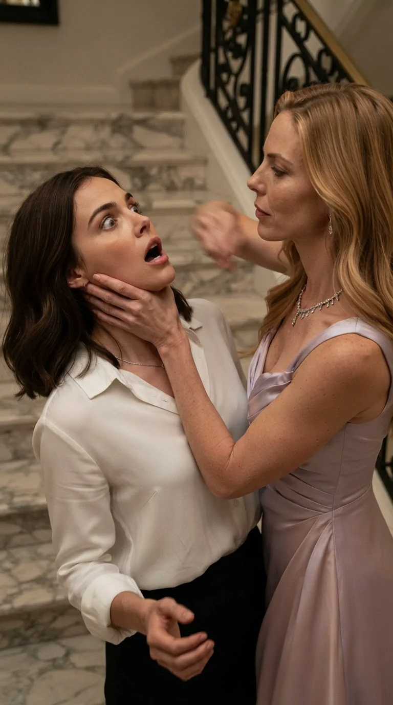 Seraphine grips Darcy's chin with her fingers and slaps her across the face.