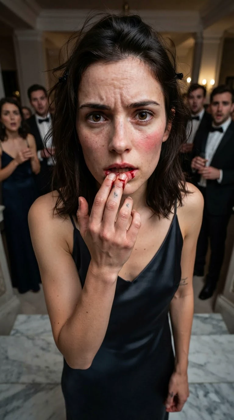 Darcy touches her split lip and stares at the blood on her fingertips.