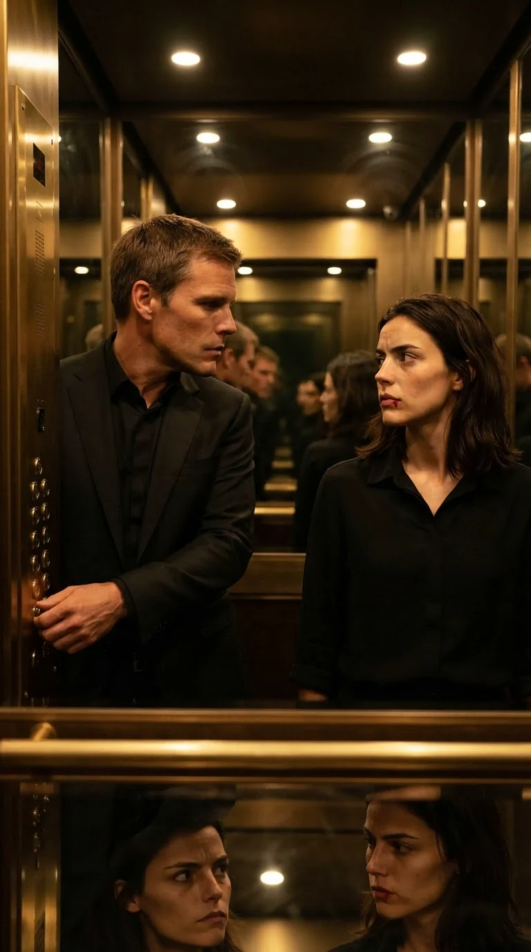 Inside a mirrored elevator, Lachlan turns from the panel to Darcy, both breathing hard.