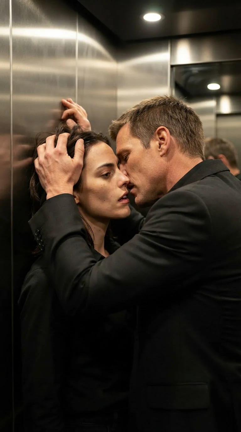 Lachlan and Darcy kiss hard against the elevator wall, her hands in his hair.
