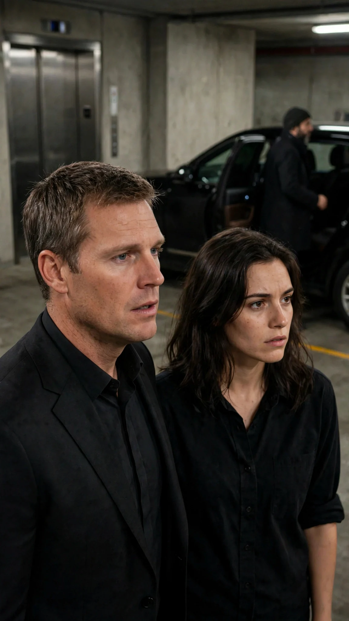 The elevator opens onto a concrete garage where a man in a dark coat waits by a black car.