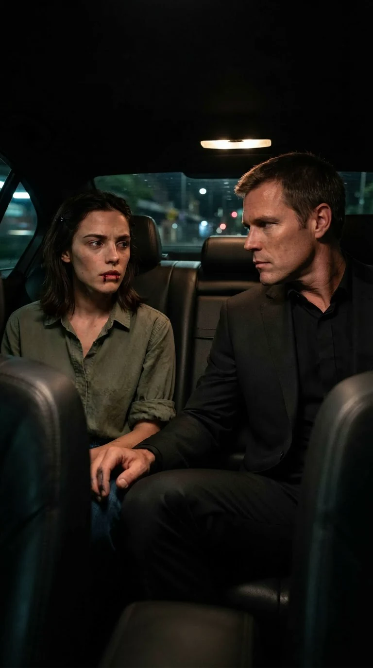 Lachlan sits across from Darcy in a dark car, staring at her split lip with a tense, angry expression.