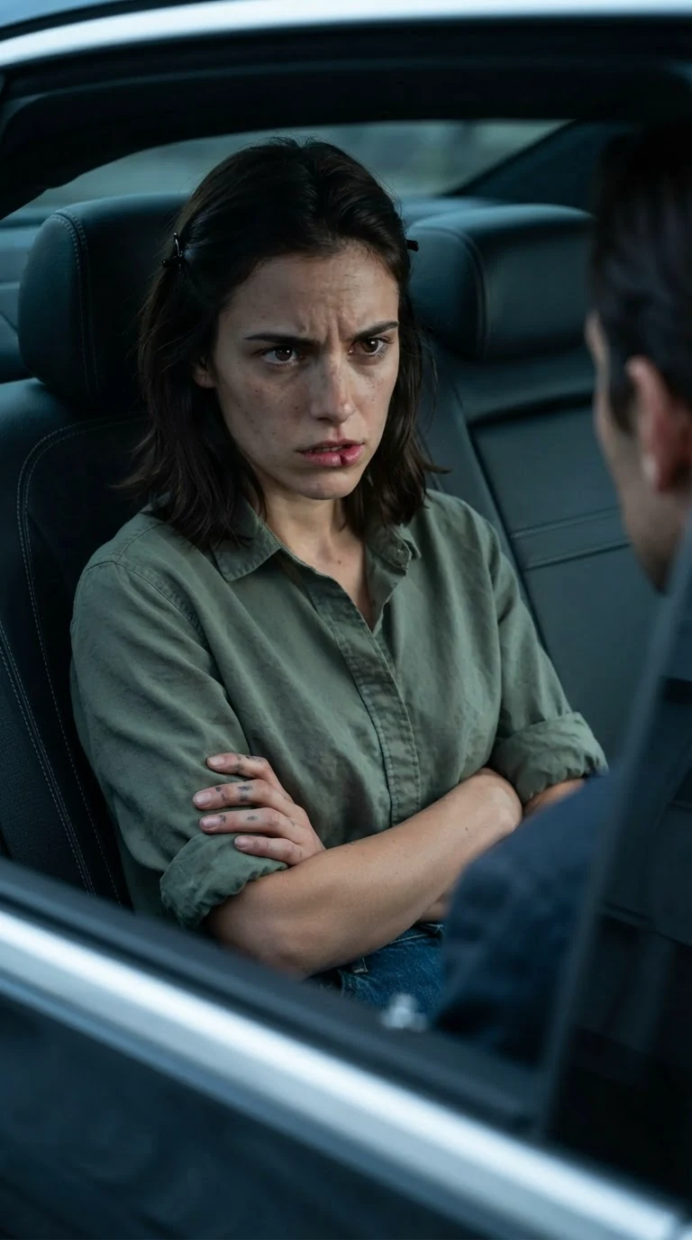Darcy glares at Lachlan from across the car, her split lip visible.