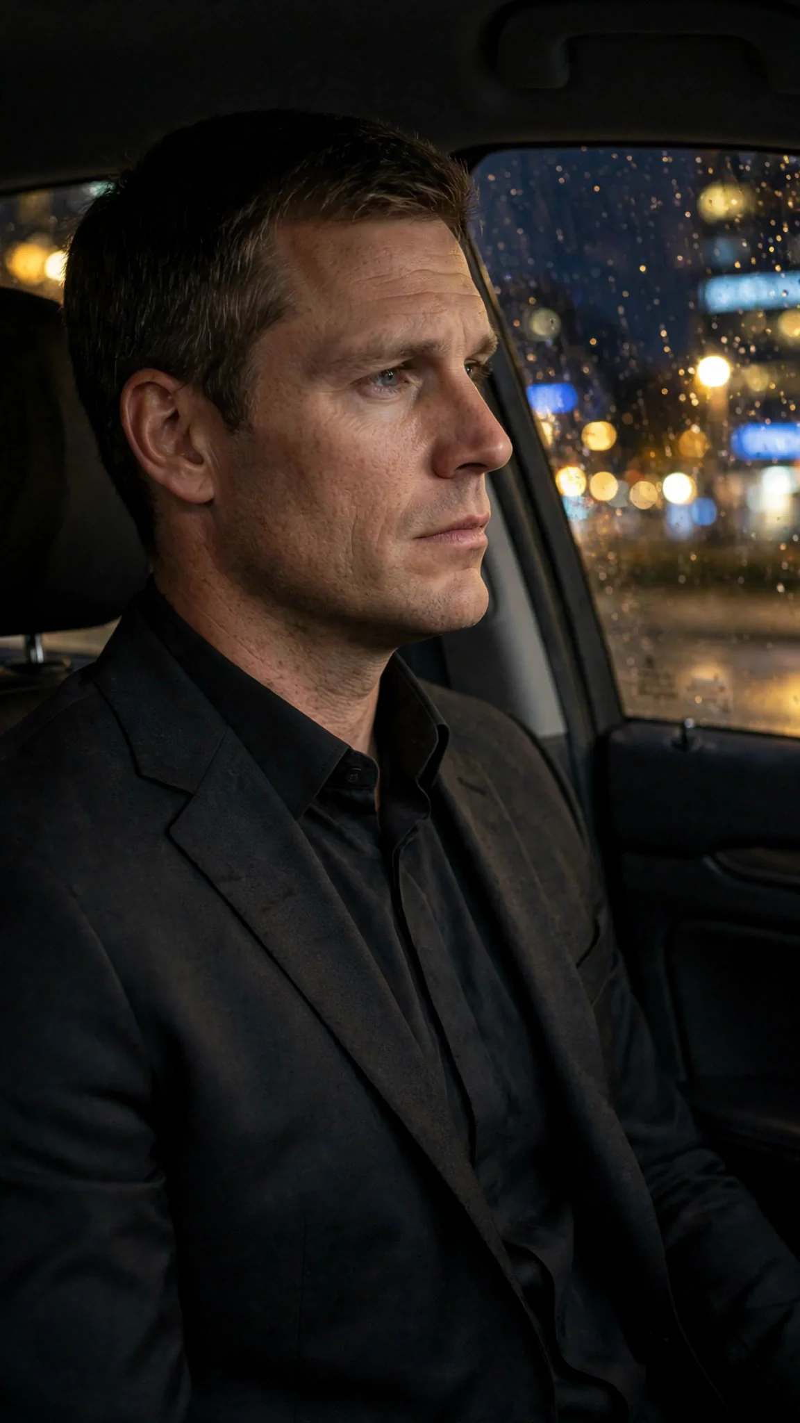 Lachlan looks out the car window, deep in thought, tension in his shoulders.