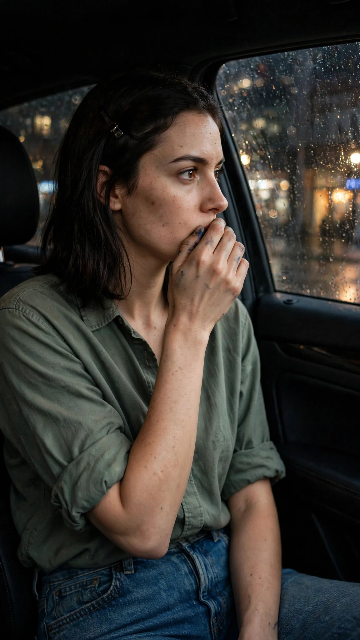 Darcy wipes her mouth with the back of her hand, staring out the car window.
