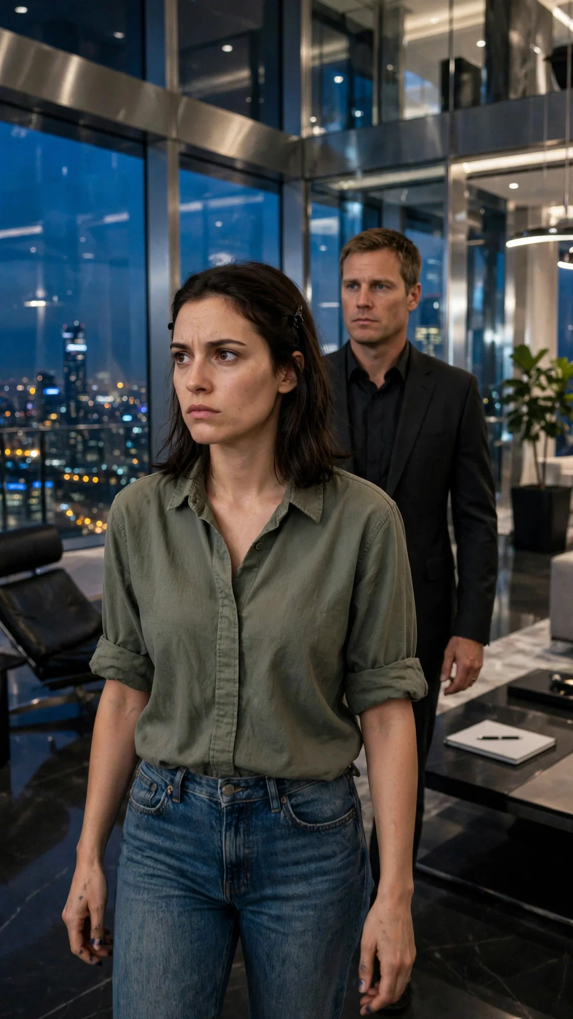 Darcy walks into the penthouse, looking around at the glass and steel with wary eyes.